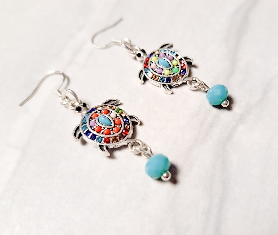 Rhinestone Blue Bead Turtle Earrings
