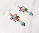 Rhinestone Blue Bead Turtle Earrings