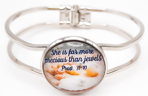 Prov. 31:10 / She Is Far More Precious / Front Open Platinum Silver Hinged Bracelet