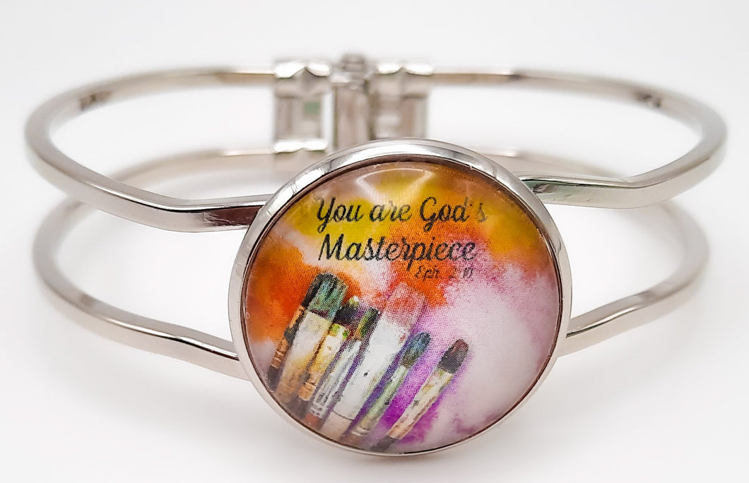 You Are God's Masterpiece / Ephesians 2:10 / Front Open Platinum Silver Bangle