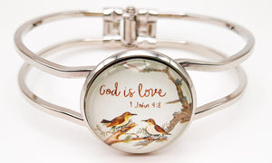 God Is Love / 1 John 4:8 / Bible Verse Hinged Bracelet  / Front Open Platinum Silver Hinged Bracelet