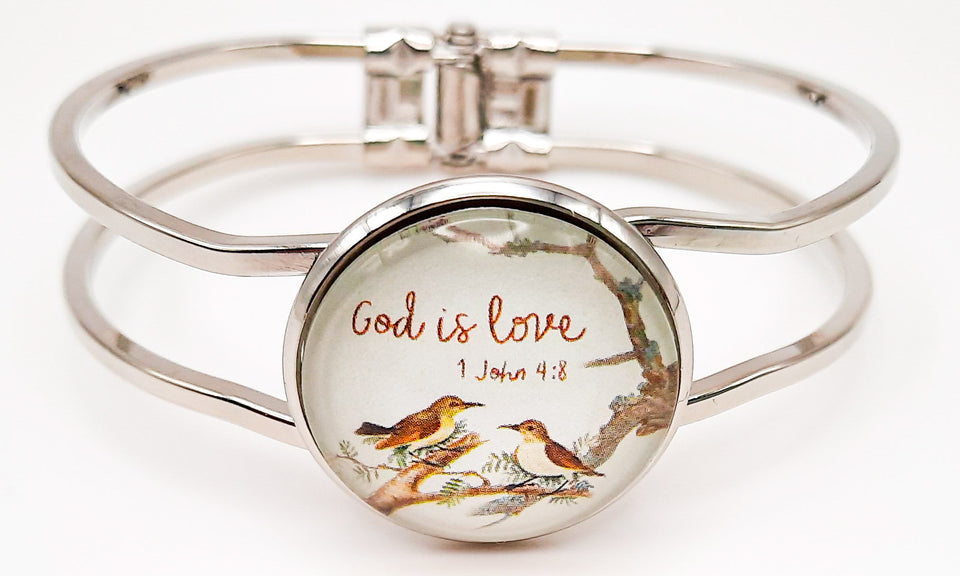 God Is Love / 1 John 4:8 / Bible Verse Hinged Bracelet  / Front Open Platinum Silver Hinged Bracelet