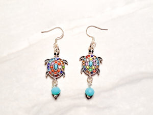 Rhinestone Blue Bead Turtle Earrings