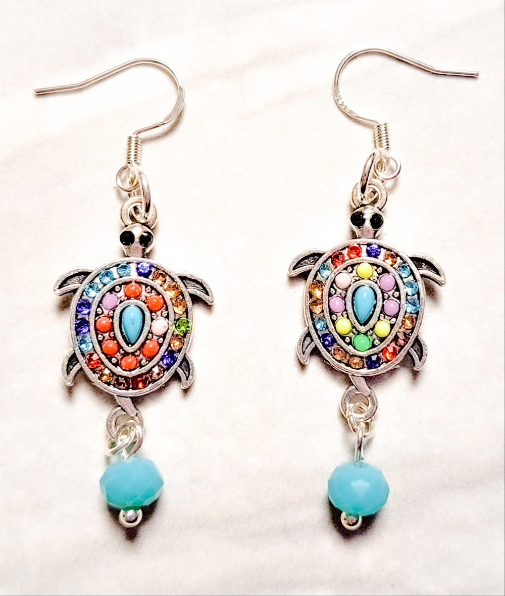 Rhinestone Blue Bead Turtle Earrings