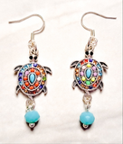 Rhinestone Blue Bead Turtle Earrings
