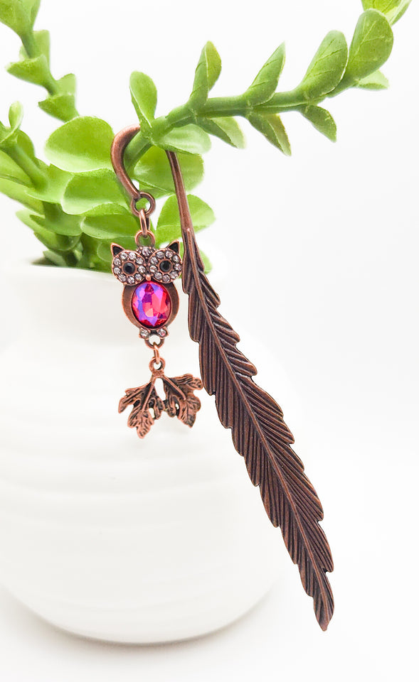 Antique Copper Owl Bookmark Red Crystal