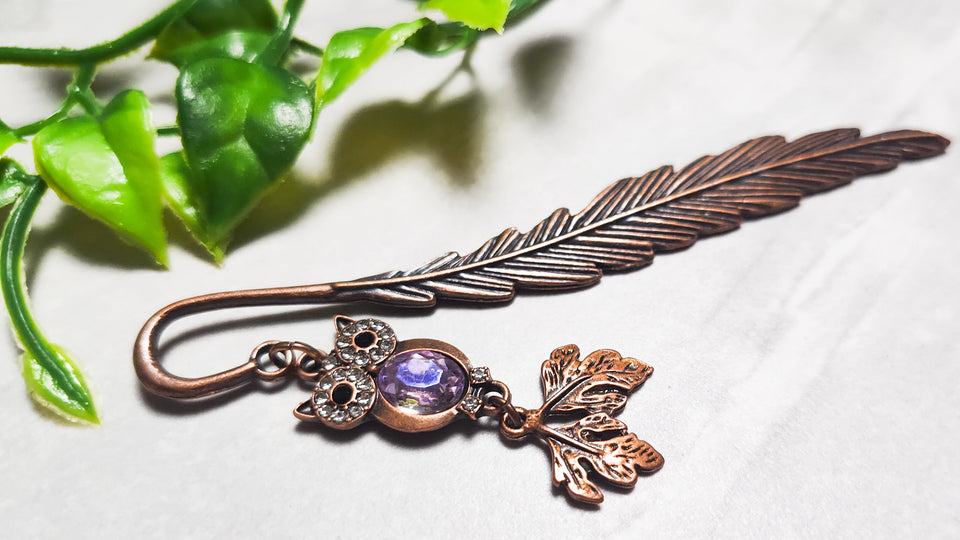 Antique Copper Owl Purple Crystal Bookmark