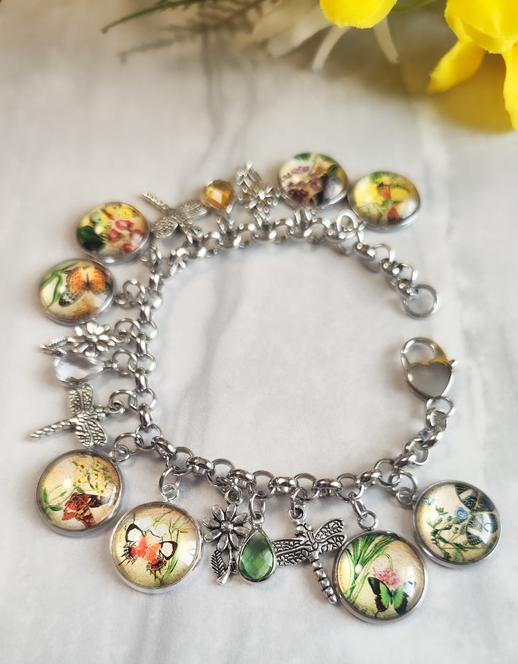 Floral Butterfly Cabochon Charm Bracelet Dragonfly & Crystal Stainless Steel