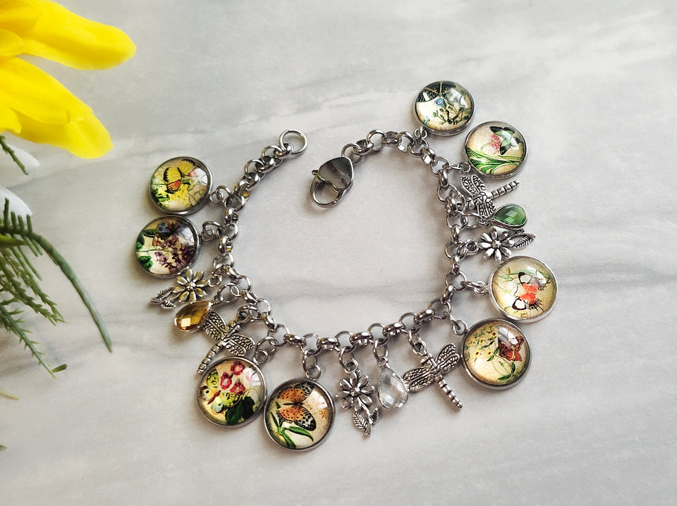 Floral Butterfly Cabochon Charm Bracelet Dragonfly & Crystal Stainless Steel