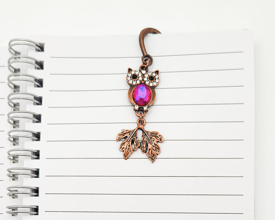 Antique Copper Owl Bookmark Red Crystal