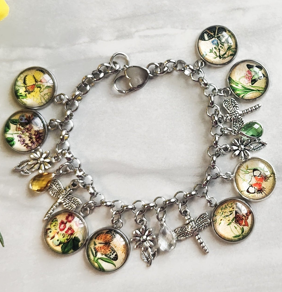 Floral Butterfly Cabochon Charm Bracelet Dragonfly & Crystal Stainless Steel