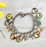 Floral Butterfly Cabochon Charm Bracelet Dragonfly & Crystal Stainless Steel