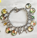 Floral Butterfly Cabochon Charm Bracelet Dragonfly & Crystal Stainless Steel