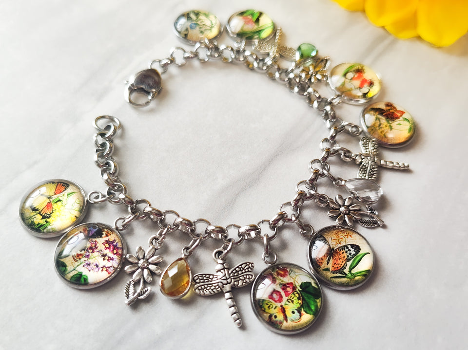Floral Butterfly Cabochon Charm Bracelet Dragonfly & Crystal Stainless Steel
