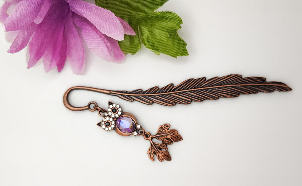 Antique Copper Owl Purple Crystal Bookmark