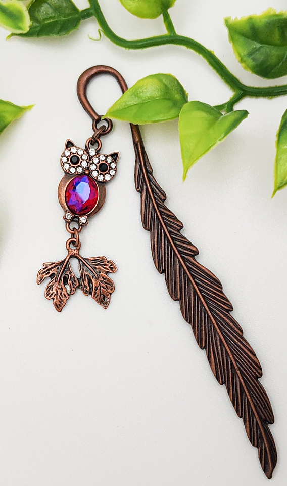 Antique Copper Owl Bookmark Red Crystal