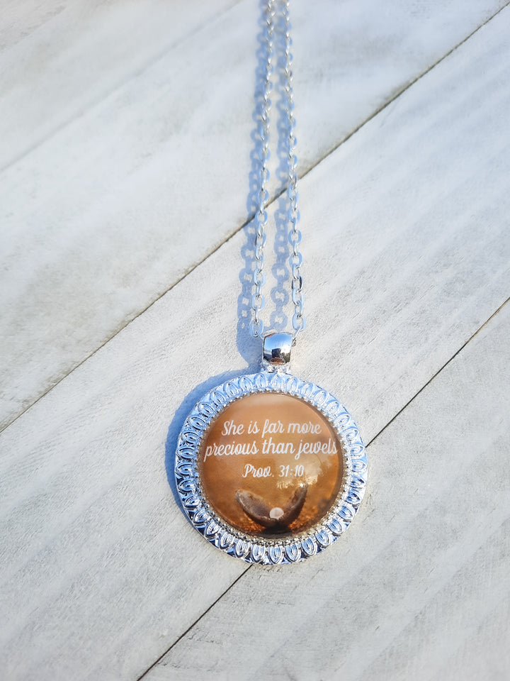 She is more precious then jewels / Proverbs 31:10 / Bible verse necklace