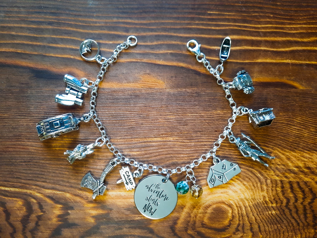 Camping Bracelet / The Great Outdoors/ The Adventure Starts Now Charm/ Sterling Silver Chain