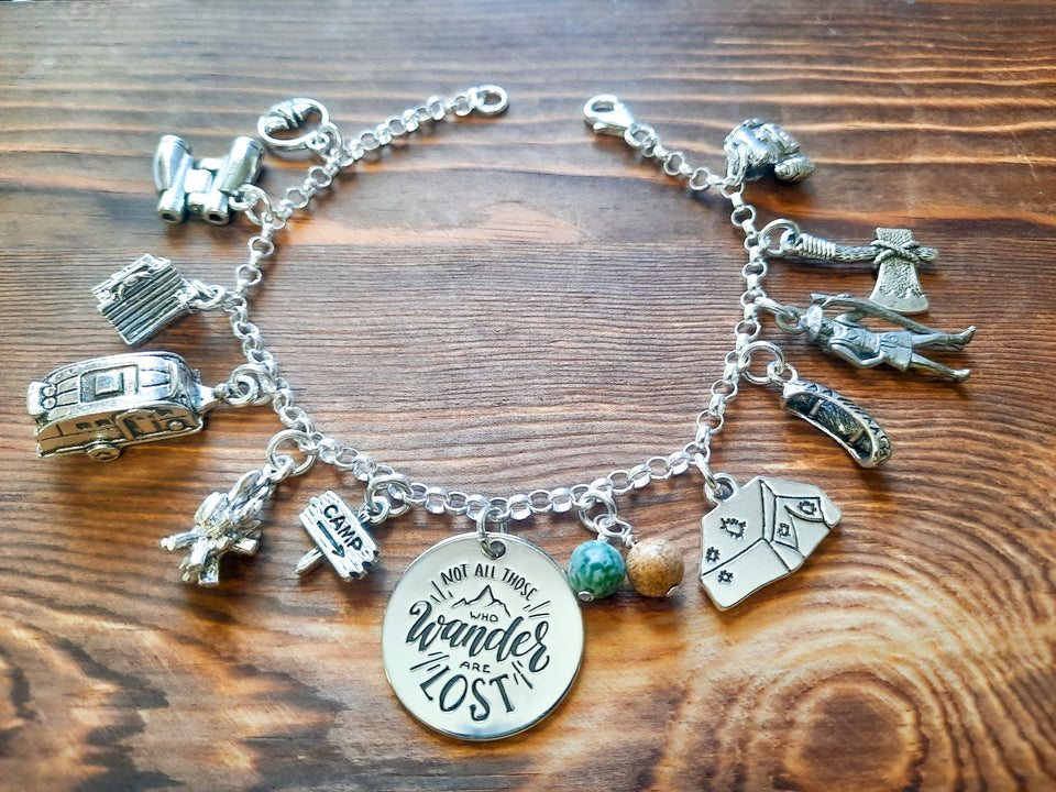 Camping Bracelet / The Great Outdoors / Not All those who Wander are Lost charm / Sterling silver chain
