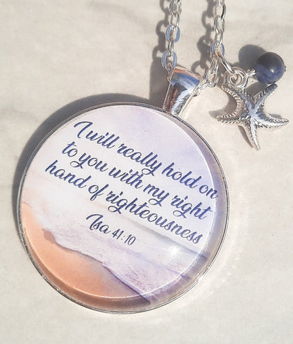 I Will Really Hold On To You / Isaiah 41:10/ Bible Scripture Necklace / Starfish Charm / Blue Gemstone Bead
