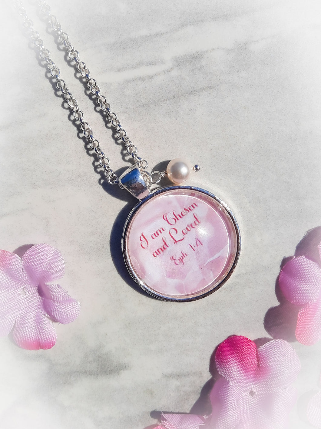 I Am Chosen And Loved / Ephesians 1:4 / Bible Verse Necklace / White Crystal Pearl Charm