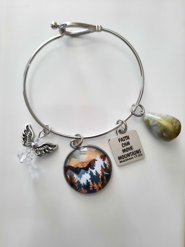 Faith Can Move Mountains /  Stainless Steel Bangle / Matthew 17:20 Charm / Clear Crystal Angel Charm