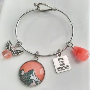 Faith Can Move Mountains / Stainless Steel Bangle / Matthew 17:20  Glass Pendant / Pink Crystal Charm