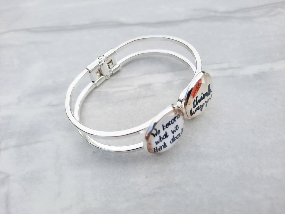 Think Happy Silver Cuff Bracelet / Encouraging Gift For Loved One & Self / Mental Health Encouraging Gift /