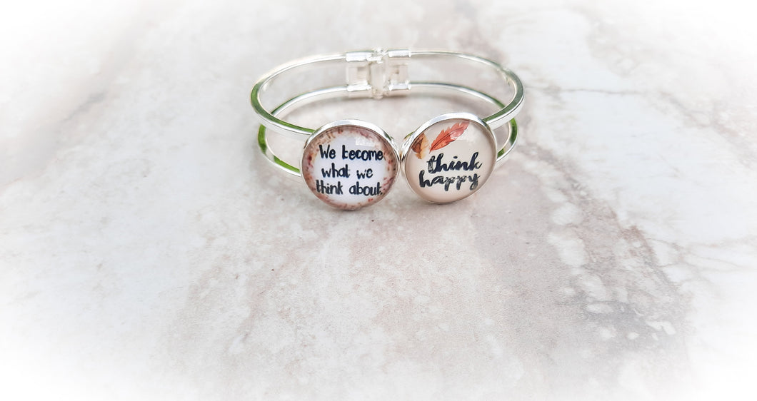 Think Happy Silver Cuff Bracelet / Encouraging Gift For Loved One & Self / Mental Health Encouraging Gift /