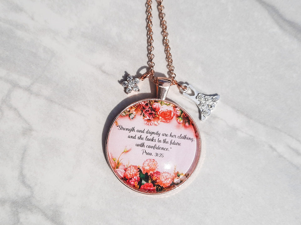 Strong and Confident Woman / Proverbs 31:25 / Bible verse necklace / Rose gold charm